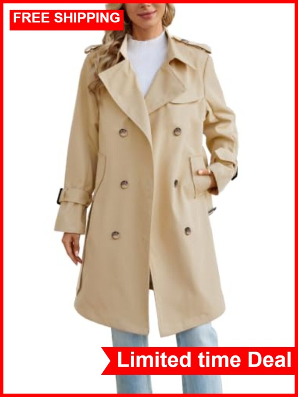 Joe Wenko Women's Trench Coat Double Breasted Overcoat with Belt
